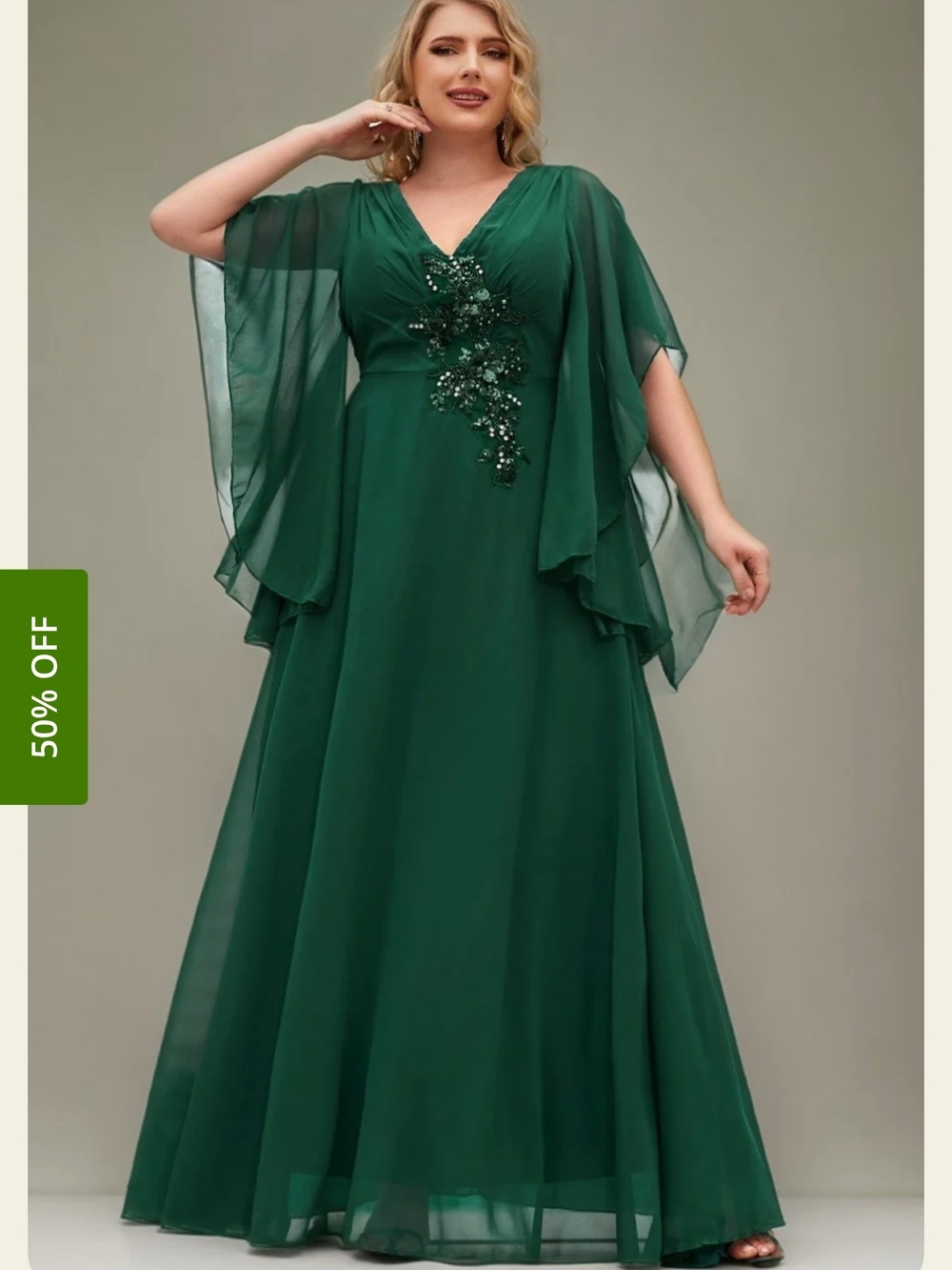 Elegant Green V-Neck Embellished Evening Gown